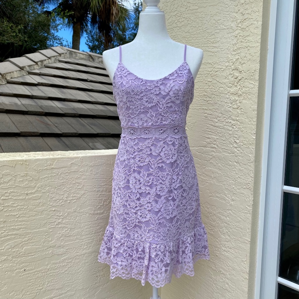 AQUA Lace Ruffle Dress in Lavender
